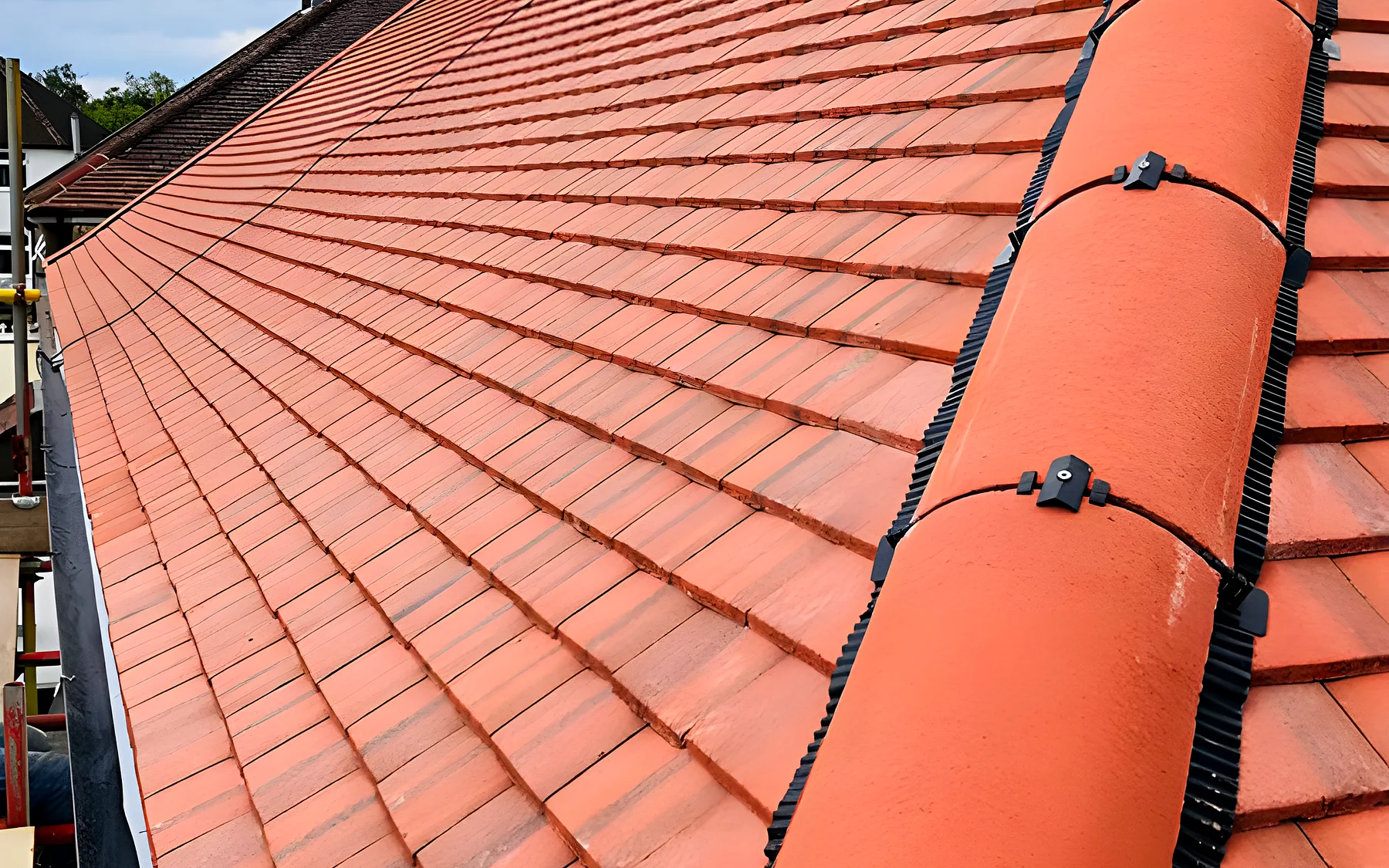 A red tiled roof with a new ridge