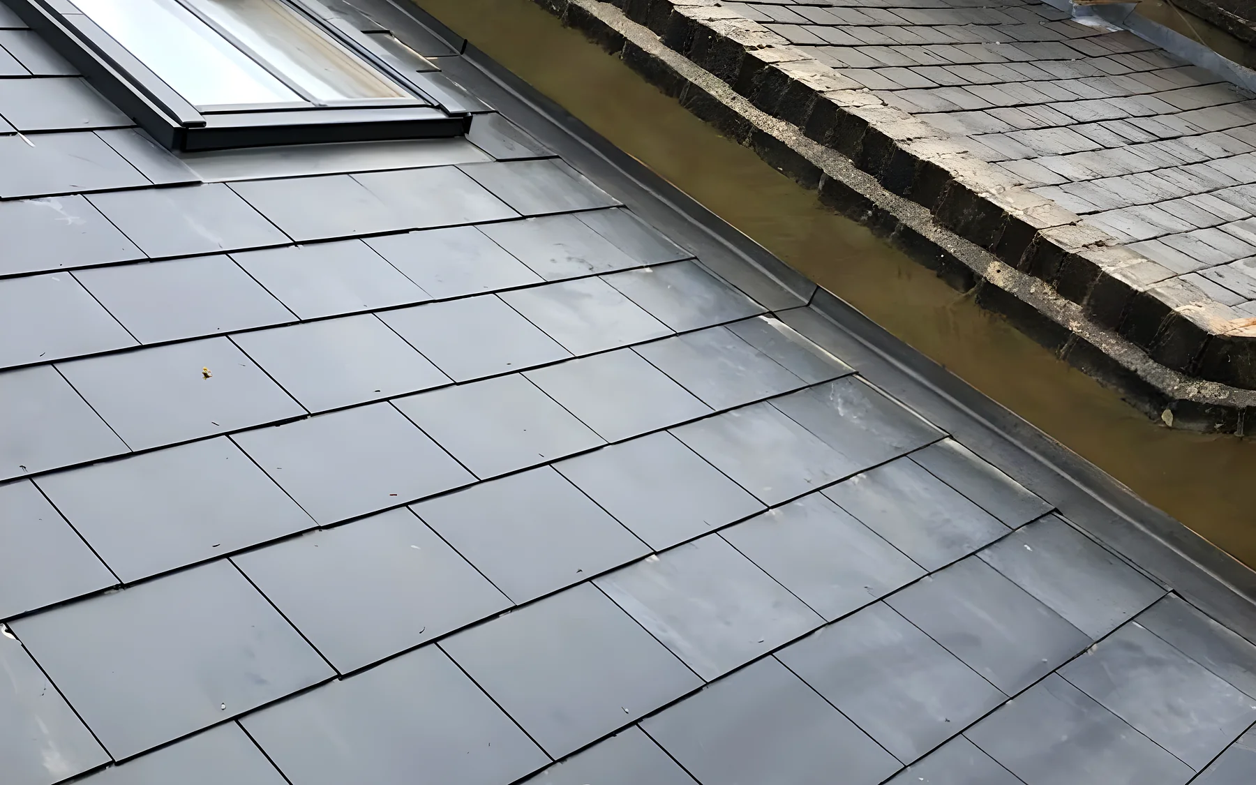 A slate roof with a rooflight and new lead
