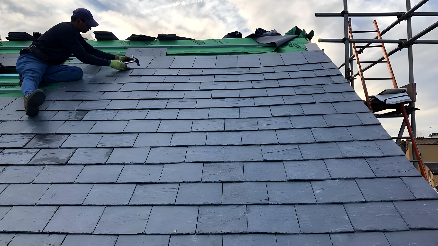 One of our roofers fixing new slates from the scaffold