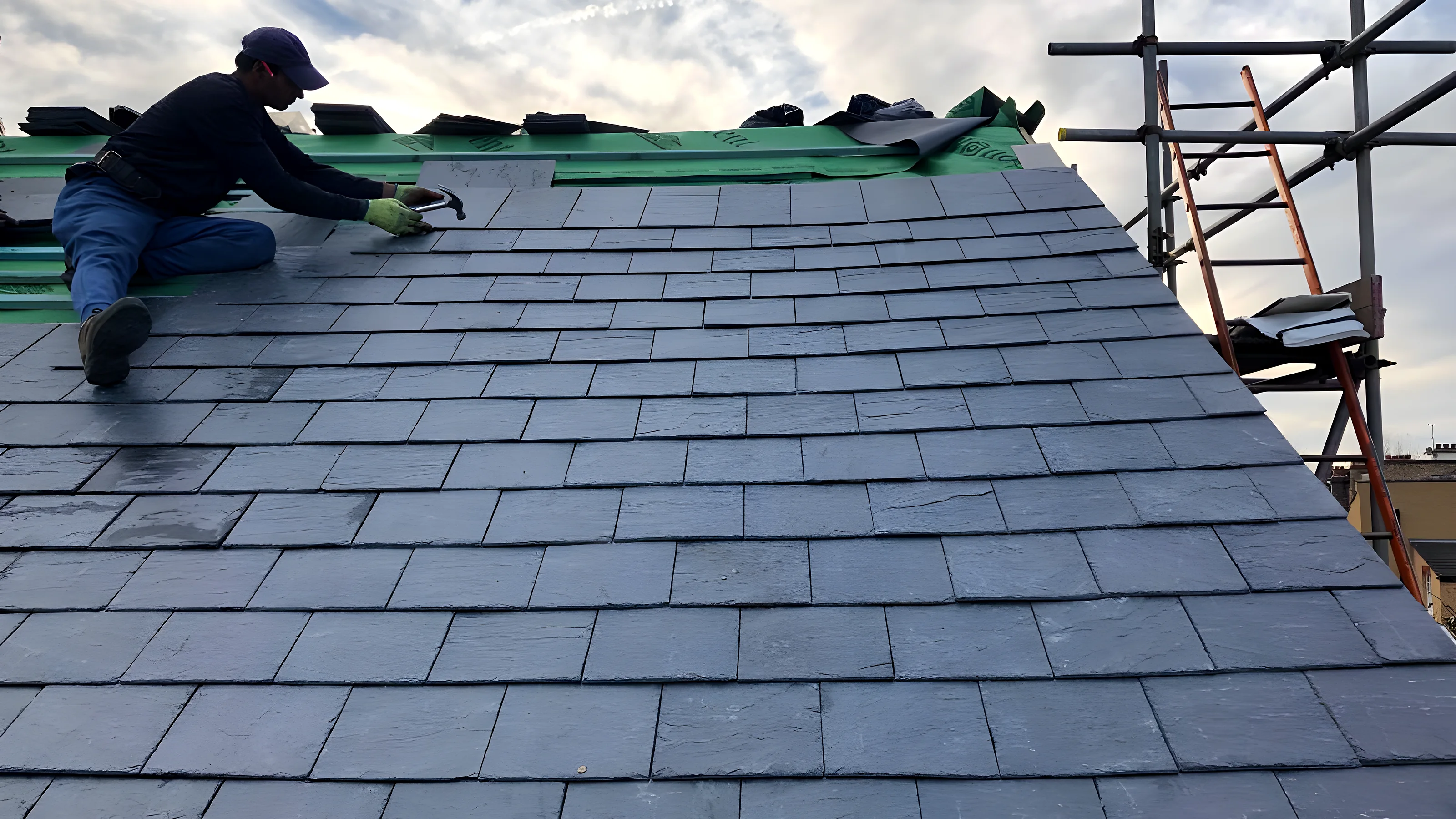 Roofer working along a roof slope during a repair, ladder and safety edge in place