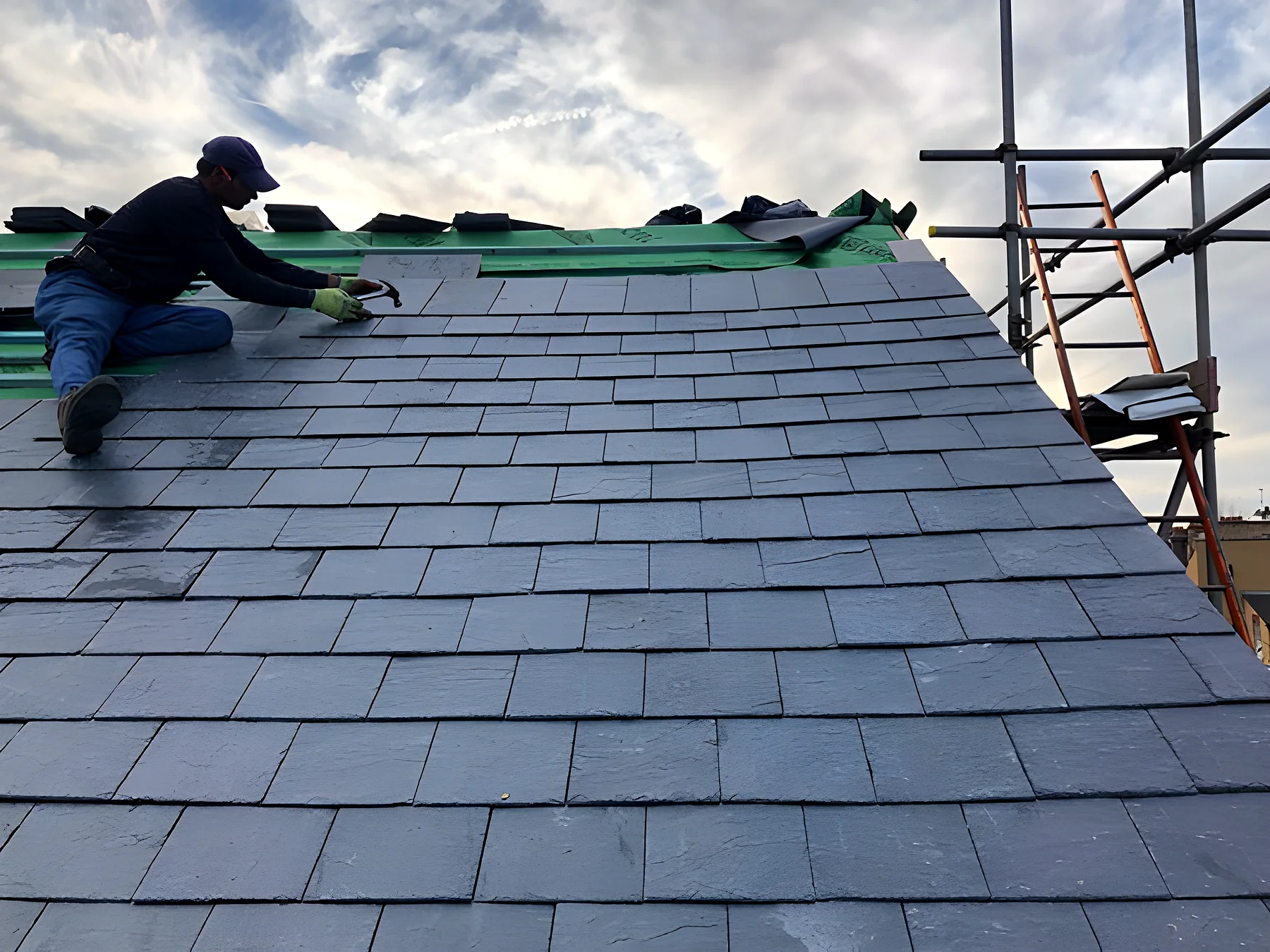 One of our roofers on a slate roof