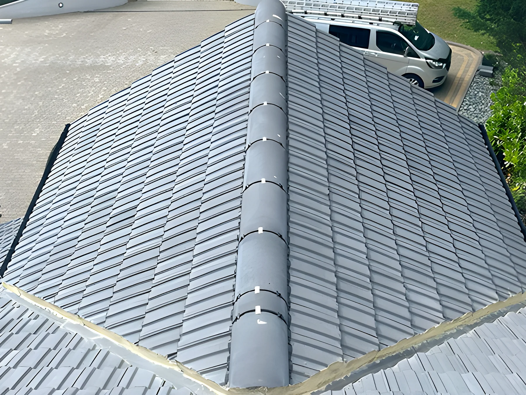 A slate roof seen from the scaffold