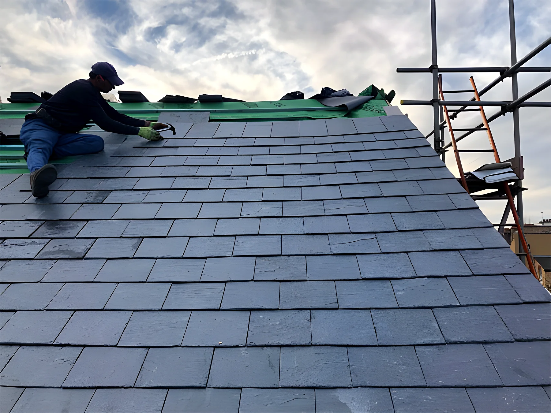 A roofer working at the ridge of a slate roof