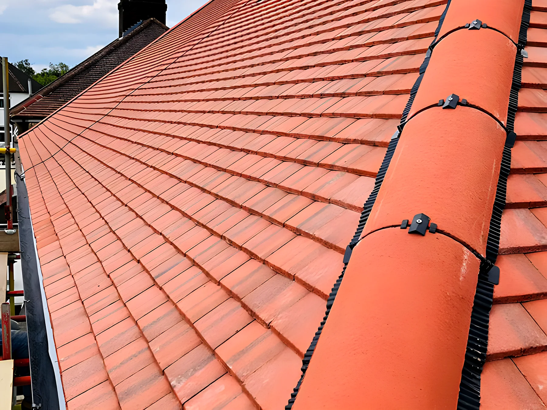 A red tiled roof with a new ridge