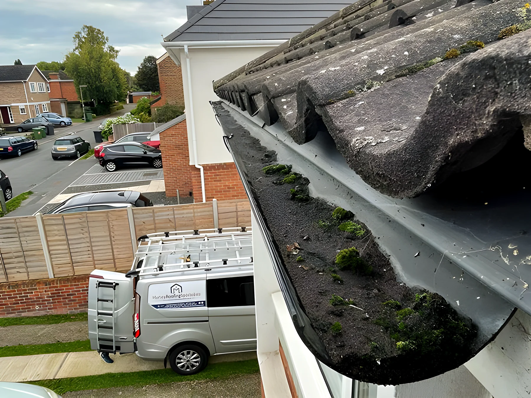 A gutter full of moss before clearing