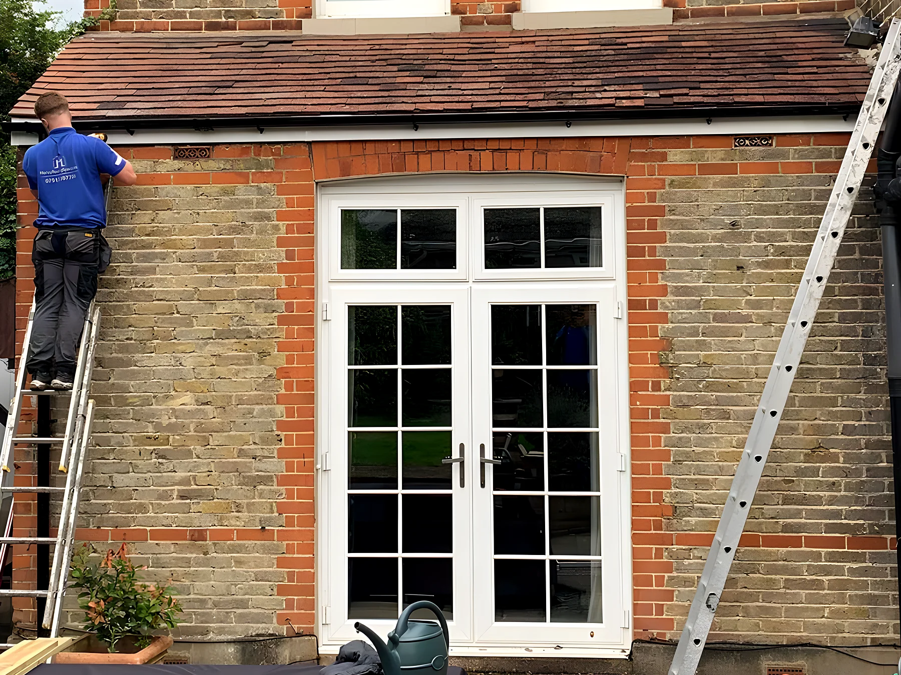 Roofer on a ladder fitting new white uPVC fascia and guttering to a brick house