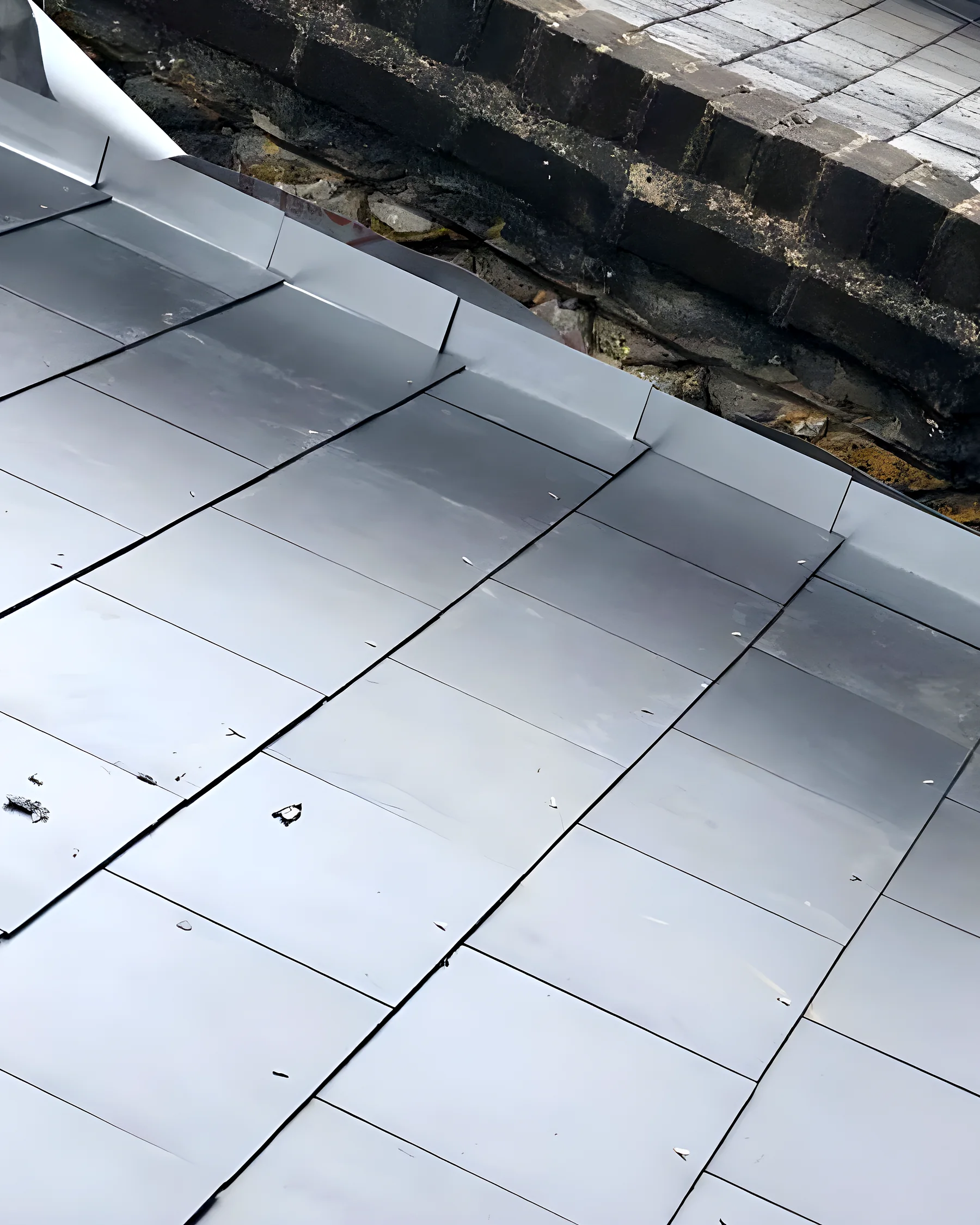 Blue grey slate roof with a lead valley running down the centre