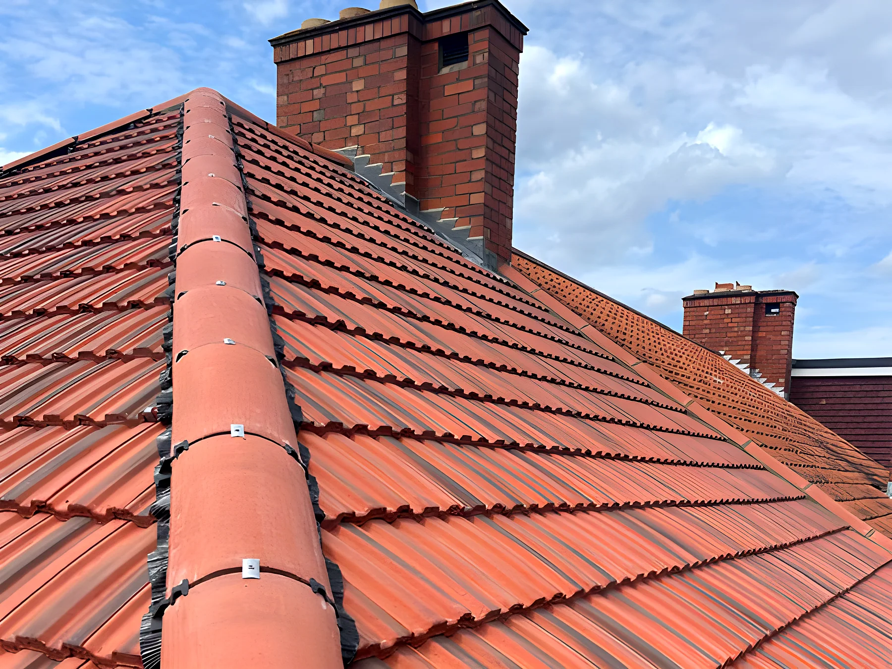 Red clay tiled roof with chimney