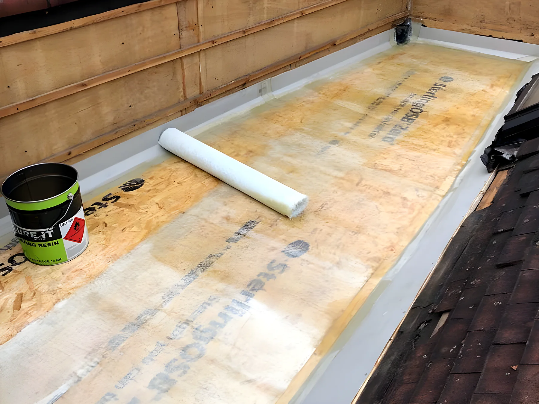 Flat roof deck being prepared for a GRP covering